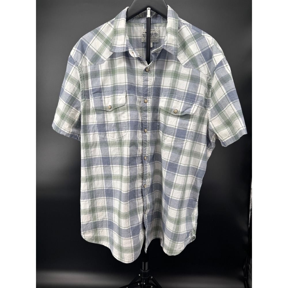 Lucky Brand Mens XL Saturday Stretch Plaid Short Sleeve Western Snap Shirt Blue